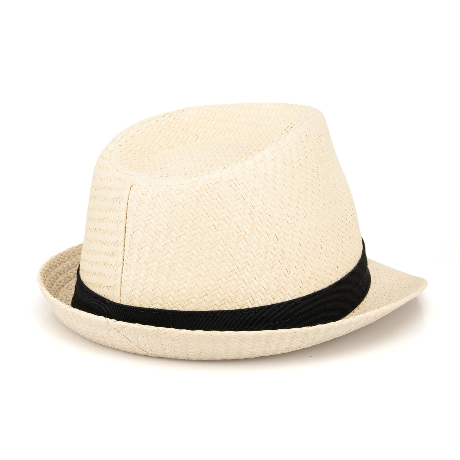 A60236 Beige straw hat with a black band on a white background

