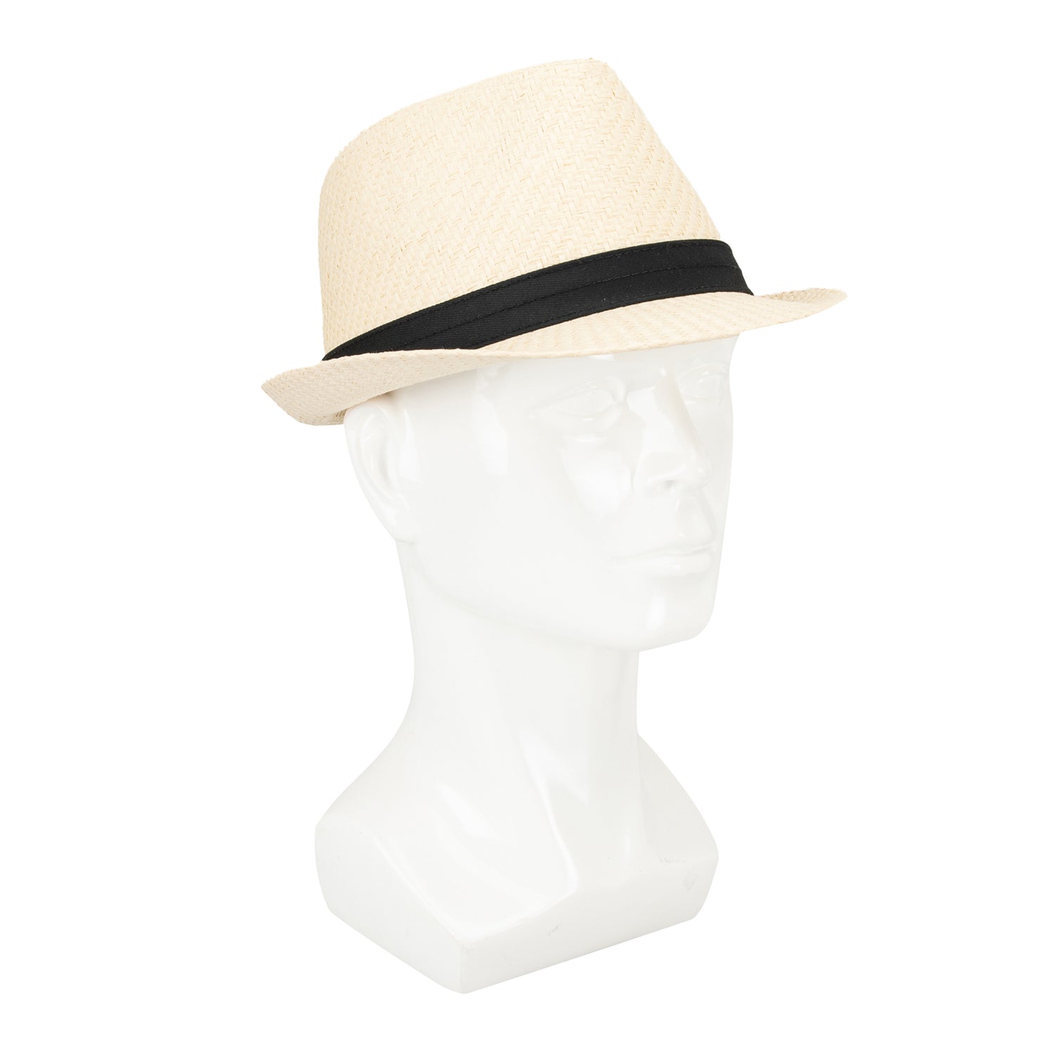 A60236 Beige straw hat with a black band on a white background

