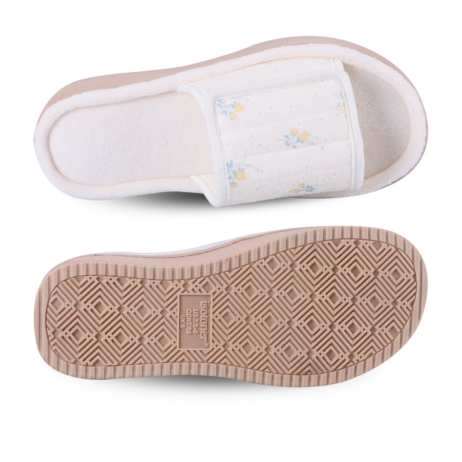9406 Isotoner Slipper yellow Slides With floral pattern on a white background

