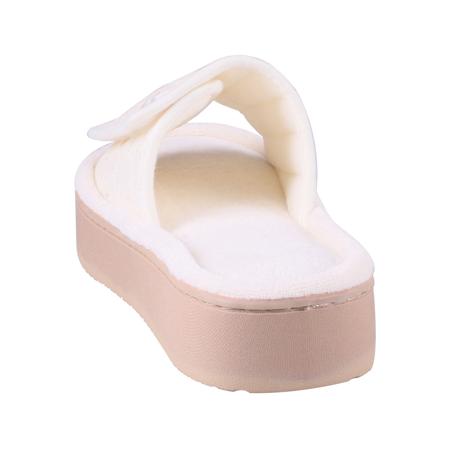 9406 Isotoner Slipper yellow Slides With floral pattern on a white background

