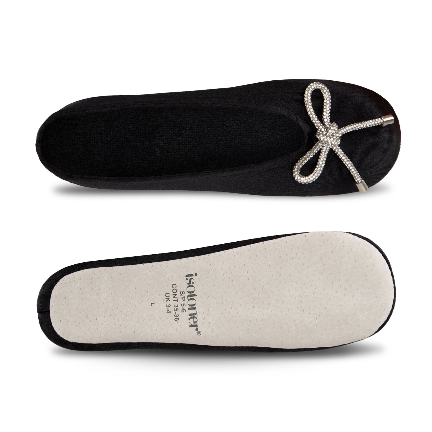 9916 Isotoner satin ballerina with sequin festive holiday bow. 