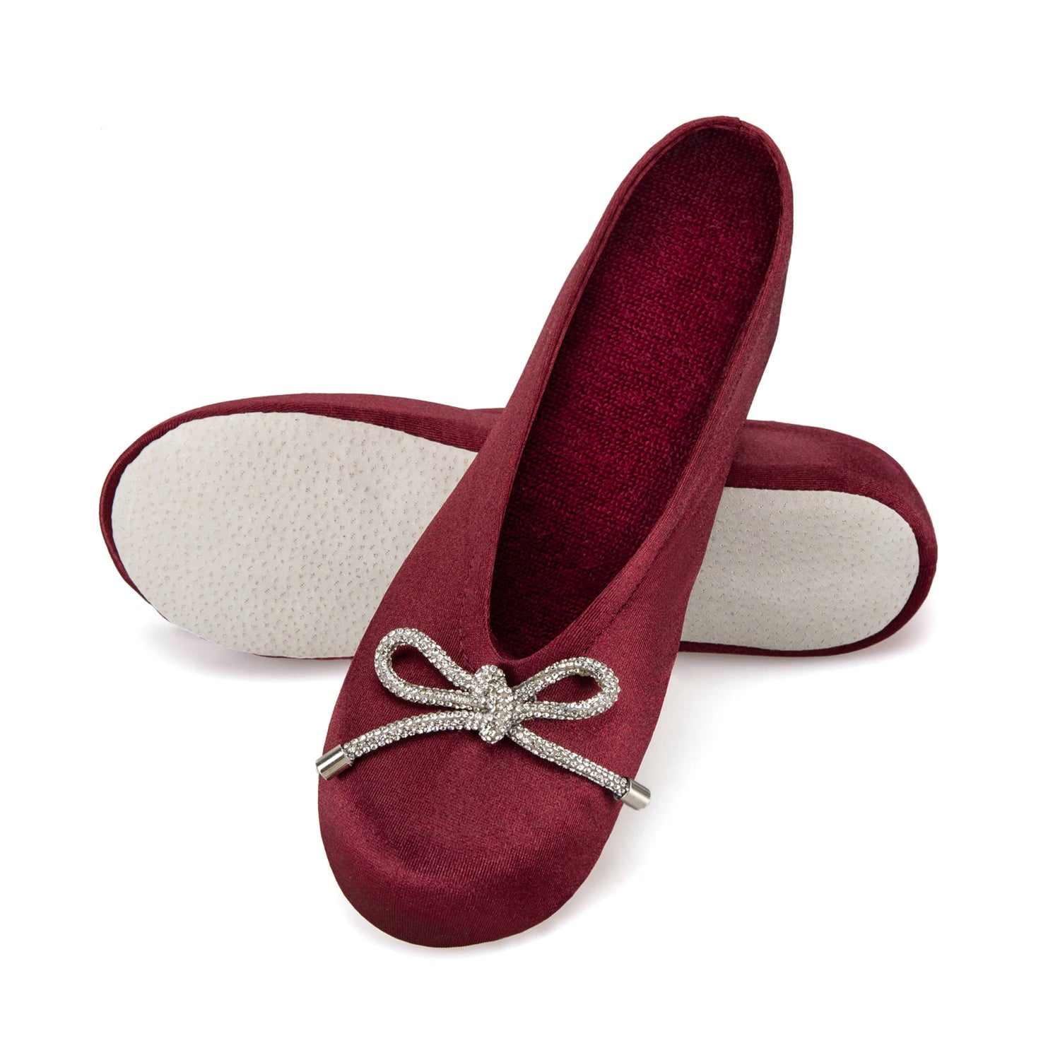 9916 Isotoner satin ballerina with sequin festive holiday bow. 