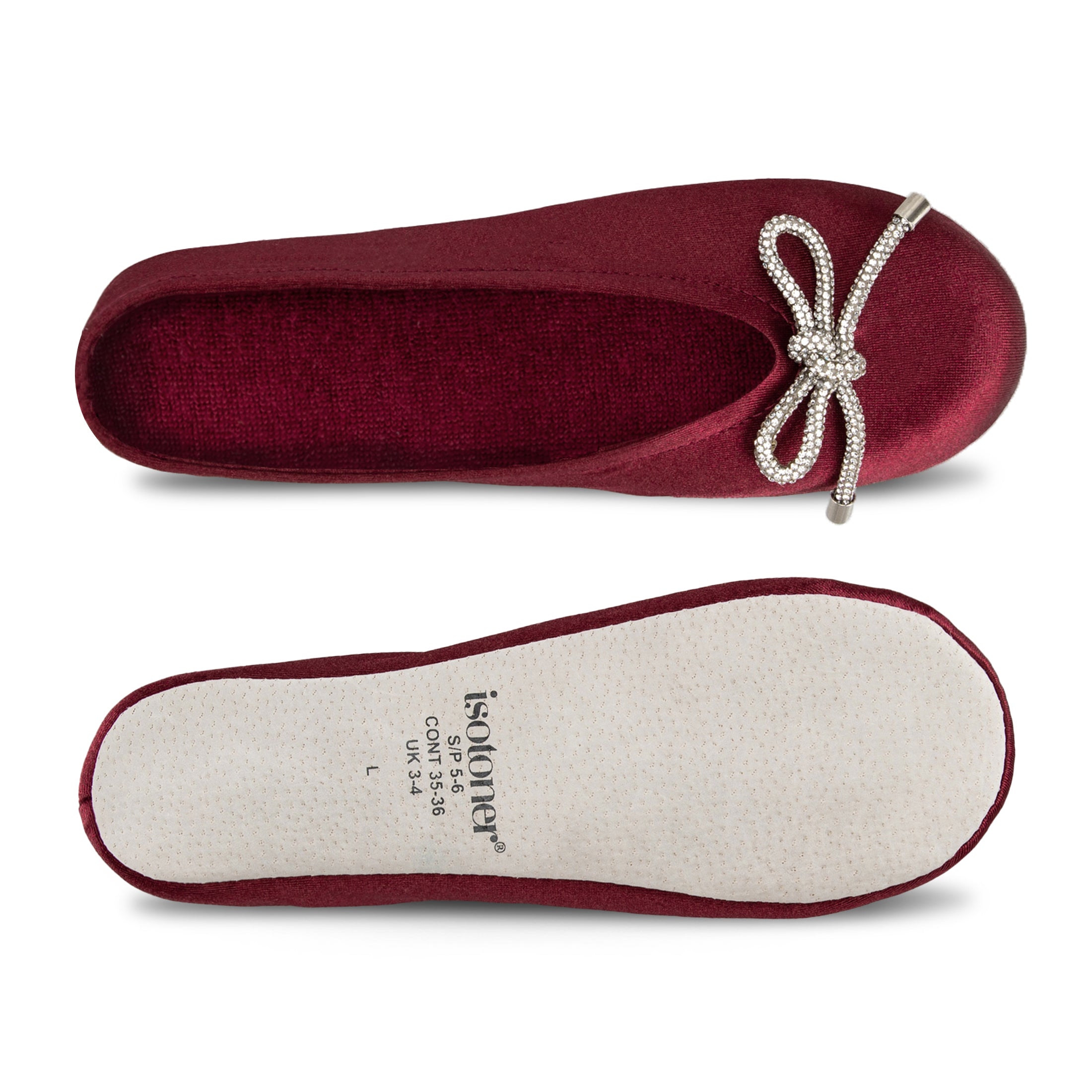 9916 Isotoner satin ballerina with sequin festive holiday bow. 