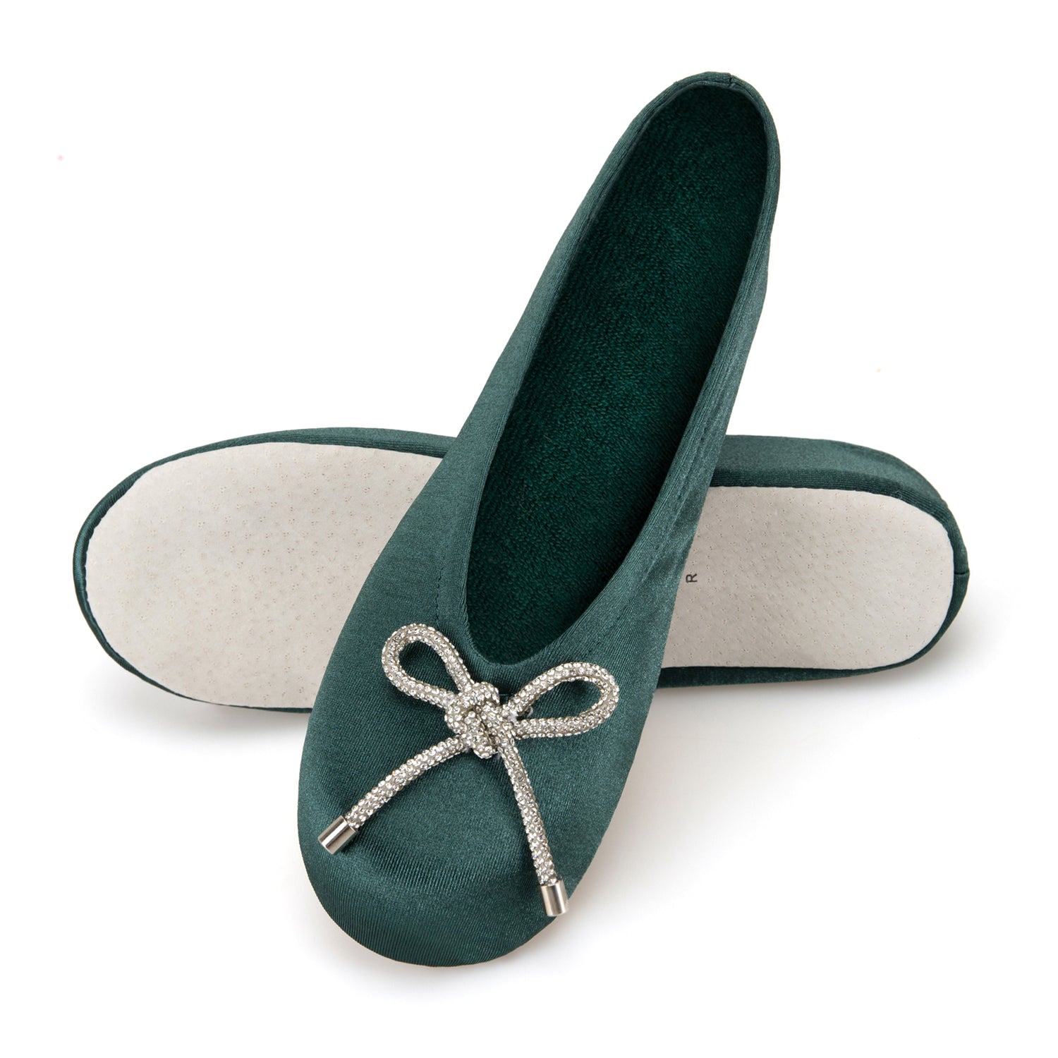 9916 Isotoner satin ballerina with sequin festive holiday bow. 