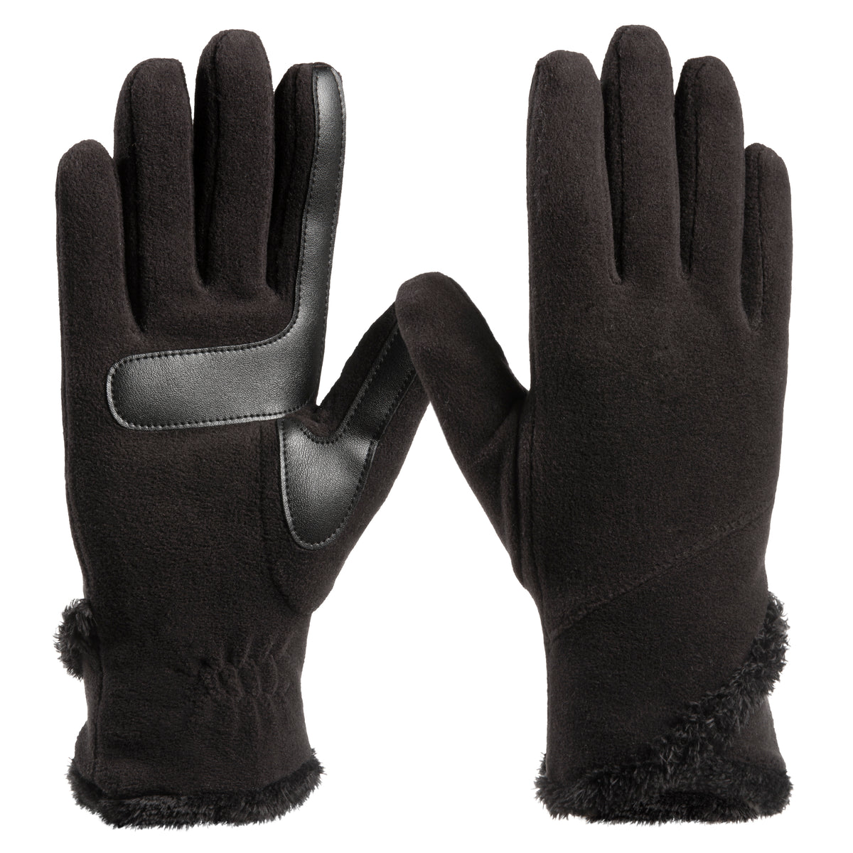 A pair of black winter gloves shown from both the back and palm sides against a plain white background. The gloves feature a soft fleece body, black faux-leather palm and back-of-hand panels, and a fuzzy black trim at the wrist.

