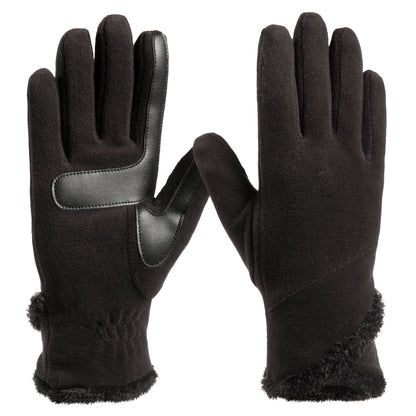 A pair of black winter gloves shown from both the back and palm sides against a plain white background. The gloves feature a soft fleece body, black faux-leather palm and back-of-hand panels, and a fuzzy black trim at the wrist.

