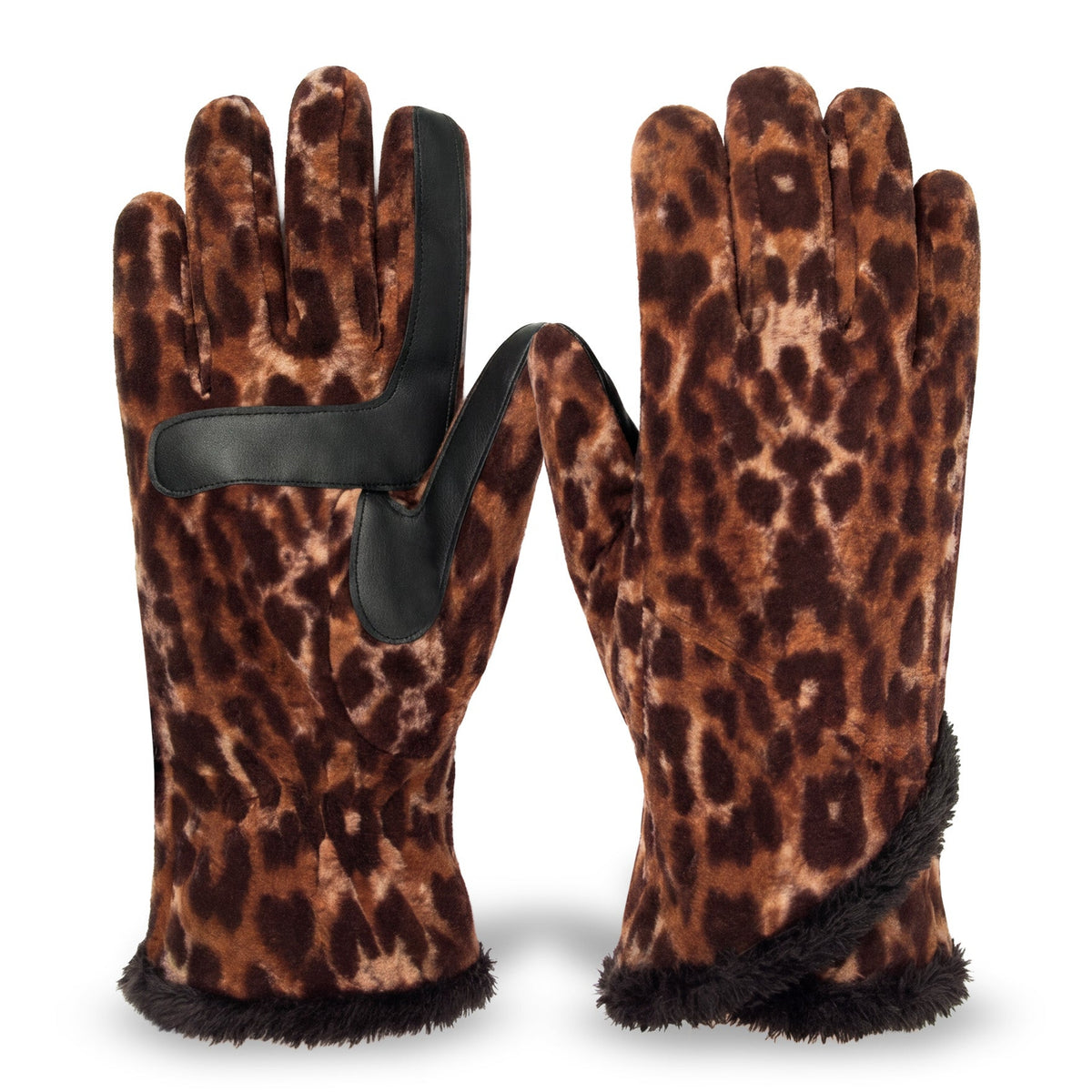 A pair of leopard-print knit gloves with black faux-leather trim and a black faux-fur cuff, shown against a plain white background.

