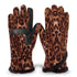 A pair of leopard-print knit gloves with black faux-leather trim and a black faux-fur cuff, shown against a plain white background.


