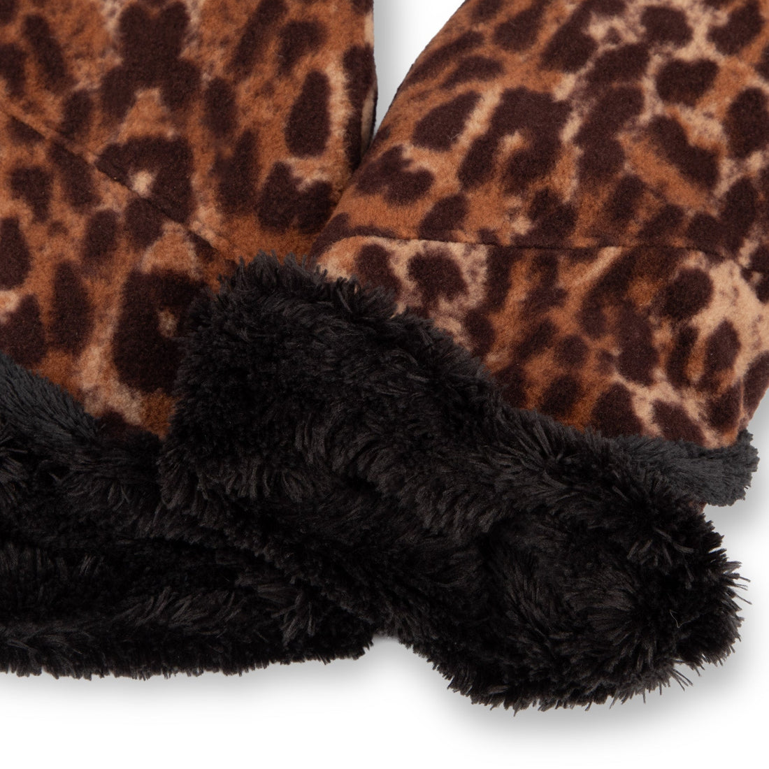 A pair of leopard-print knit gloves with black faux-leather trim and a black faux-fur cuff, shown against a plain white background.

