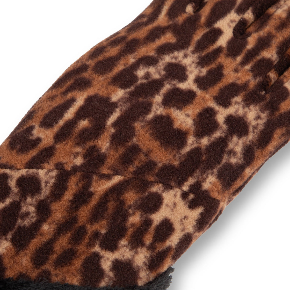 A pair of leopard-print knit gloves with black faux-leather trim and a black faux-fur cuff, shown against a plain white background.

