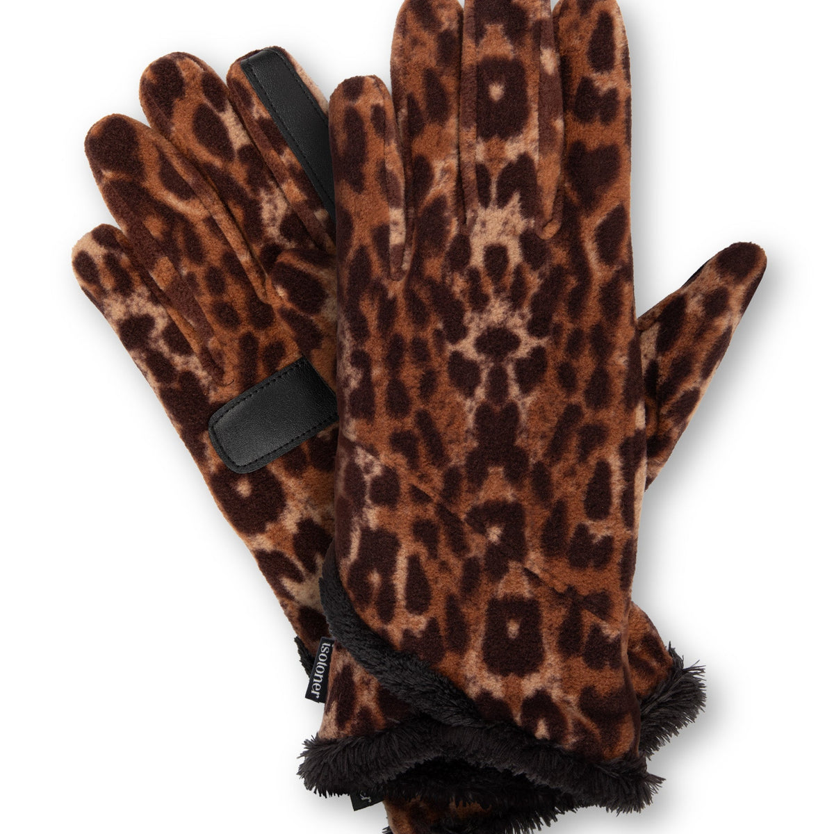 A pair of leopard-print knit gloves with black faux-leather trim and a black faux-fur cuff, shown against a plain white background.

