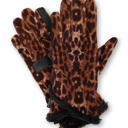 A pair of leopard-print knit gloves with black faux-leather trim and a black faux-fur cuff, shown against a plain white background.

