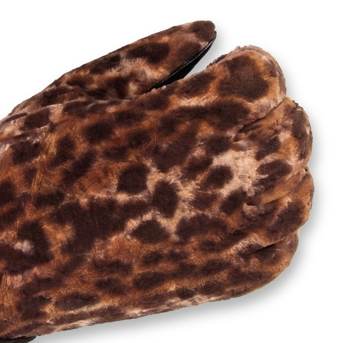 A pair of leopard-print knit gloves with black faux-leather trim and a black faux-fur cuff, shown against a plain white background.

