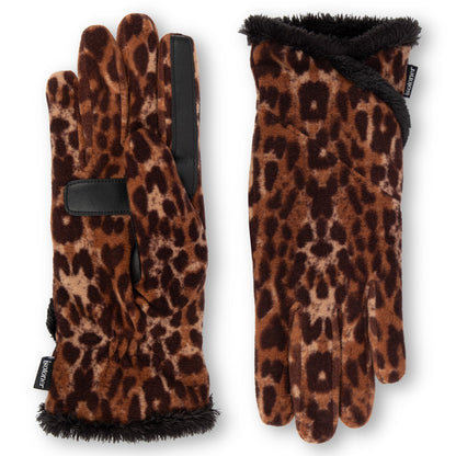 A pair of leopard-print knit gloves with black faux-leather trim and a black faux-fur cuff, shown against a plain white background.

