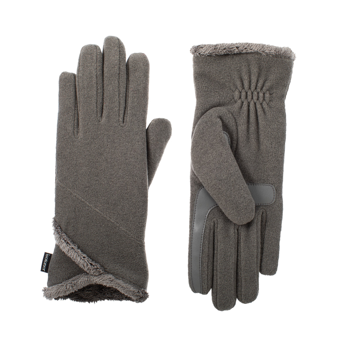 A pair of gray fleece winter gloves with a soft gray faux-fur lining and a gray elastic wrist strap, shown from both the back and palm views on a white background.

