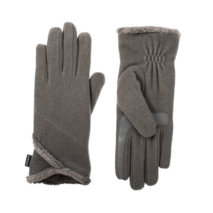 A pair of gray fleece winter gloves with a soft gray faux-fur lining and a gray elastic wrist strap, shown from both the back and palm views on a white background.

