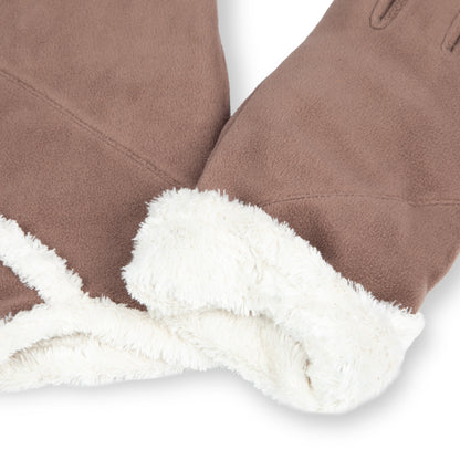 A pair of leopard-print knit gloves with black faux-leather trim and a black faux-fur cuff, shown against a plain white background.

