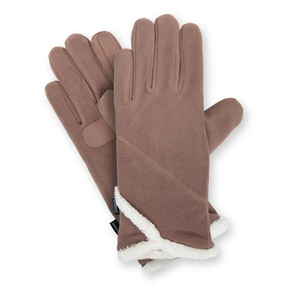 A pair of leopard-print knit gloves with black faux-leather trim and a black faux-fur cuff, shown against a plain white background.

