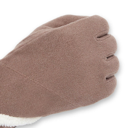 A pair of leopard-print knit gloves with black faux-leather trim and a black faux-fur cuff, shown against a plain white background.

