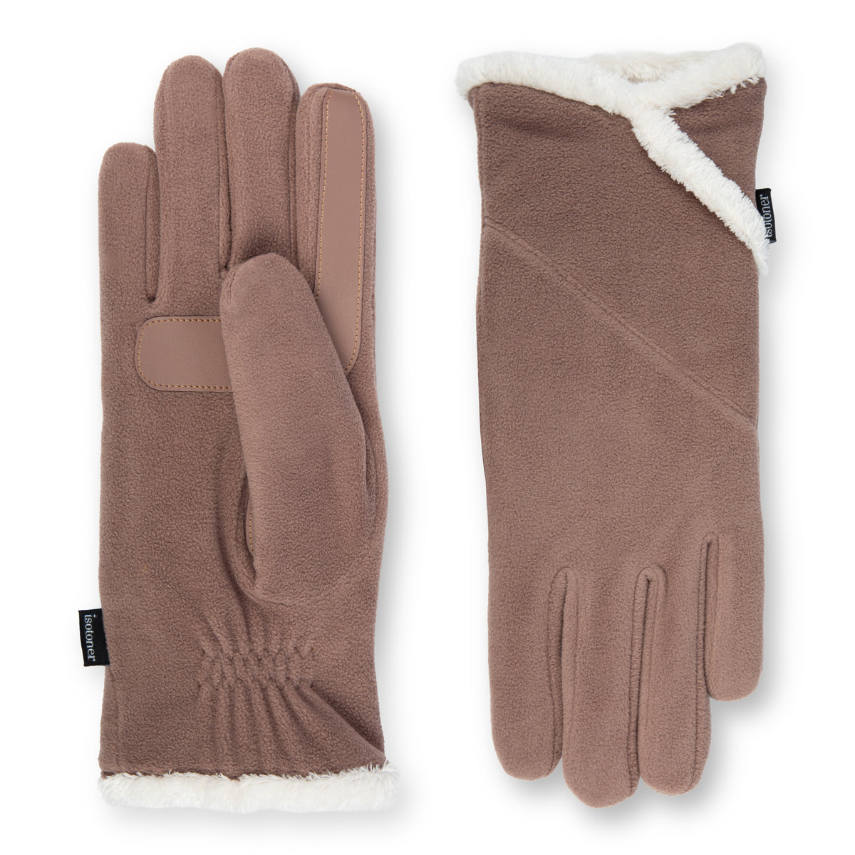 A pair of leopard-print knit gloves with black faux-leather trim and a black faux-fur cuff, shown against a plain white background.

