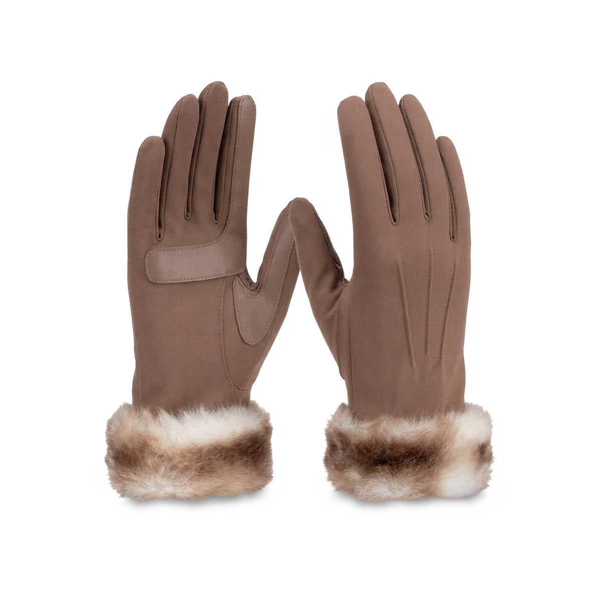 A pair of brown gloves with a soft white and brown faux-fur trim at the cuffs, displayed against a solid white background.
