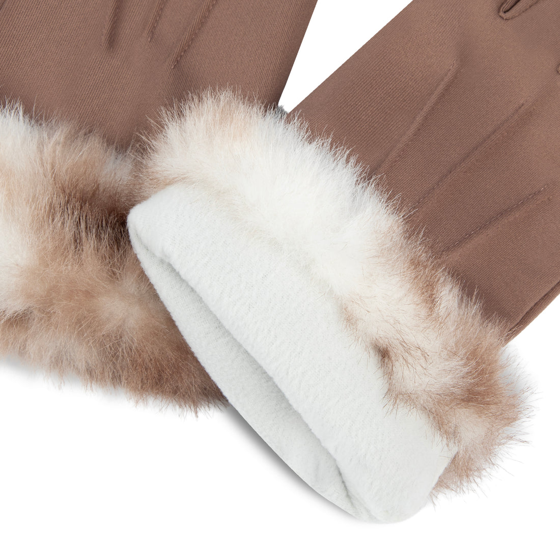 A pair of brown gloves with a soft white and brown faux-fur trim at the cuffs, displayed against a solid white background.
