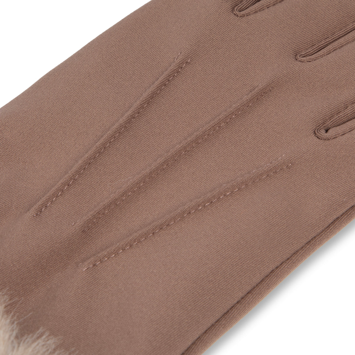 A pair of brown gloves with a soft white and brown faux-fur trim at the cuffs, displayed against a solid white background.
