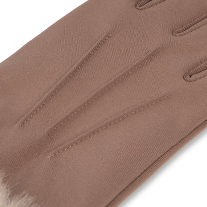 A pair of brown gloves with a soft white and brown faux-fur trim at the cuffs, displayed against a solid white background.
