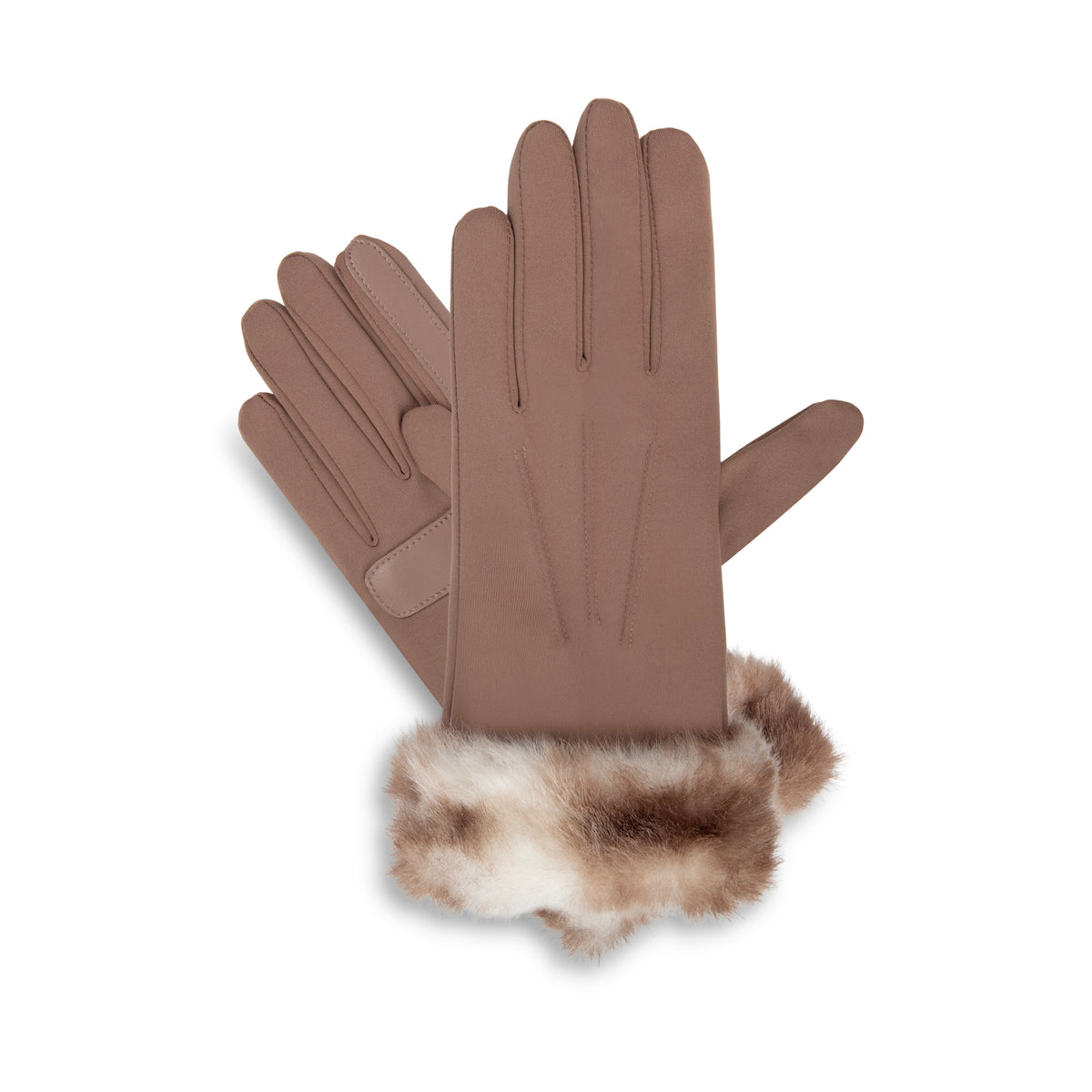 A pair of brown gloves with a soft white and brown faux-fur trim at the cuffs, displayed against a solid white background.
