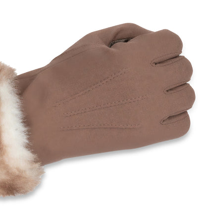 A pair of brown gloves with a soft white and brown faux-fur trim at the cuffs, displayed against a solid white background.
