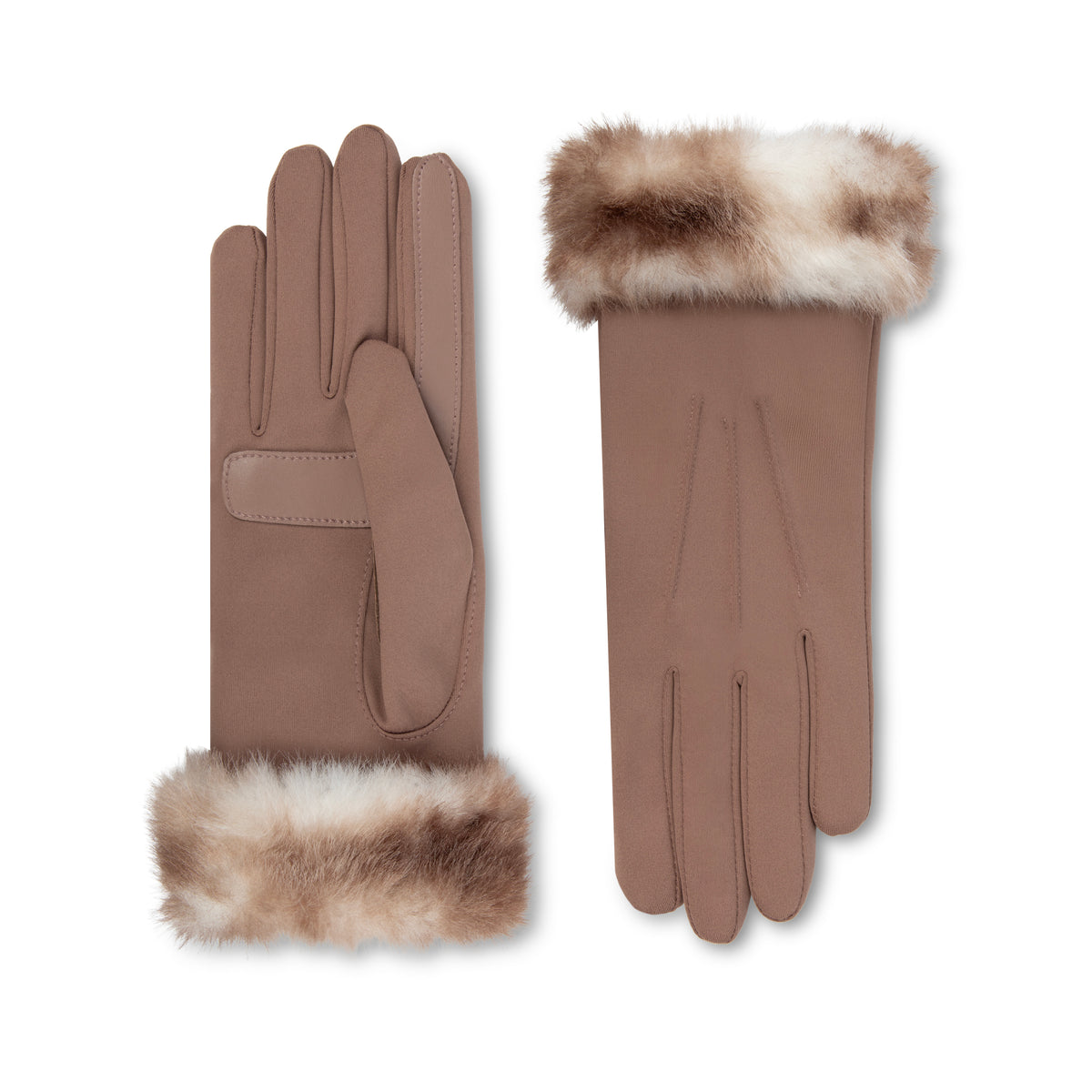 A pair of brown gloves with a soft white and brown faux-fur trim at the cuffs, displayed against a solid white background.
