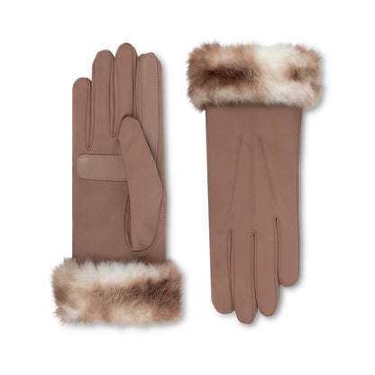 A pair of brown gloves with a soft white and brown faux-fur trim at the cuffs, displayed against a solid white background.
