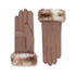 A pair of brown gloves with a soft white and brown faux-fur trim at the cuffs, displayed against a solid white background.
