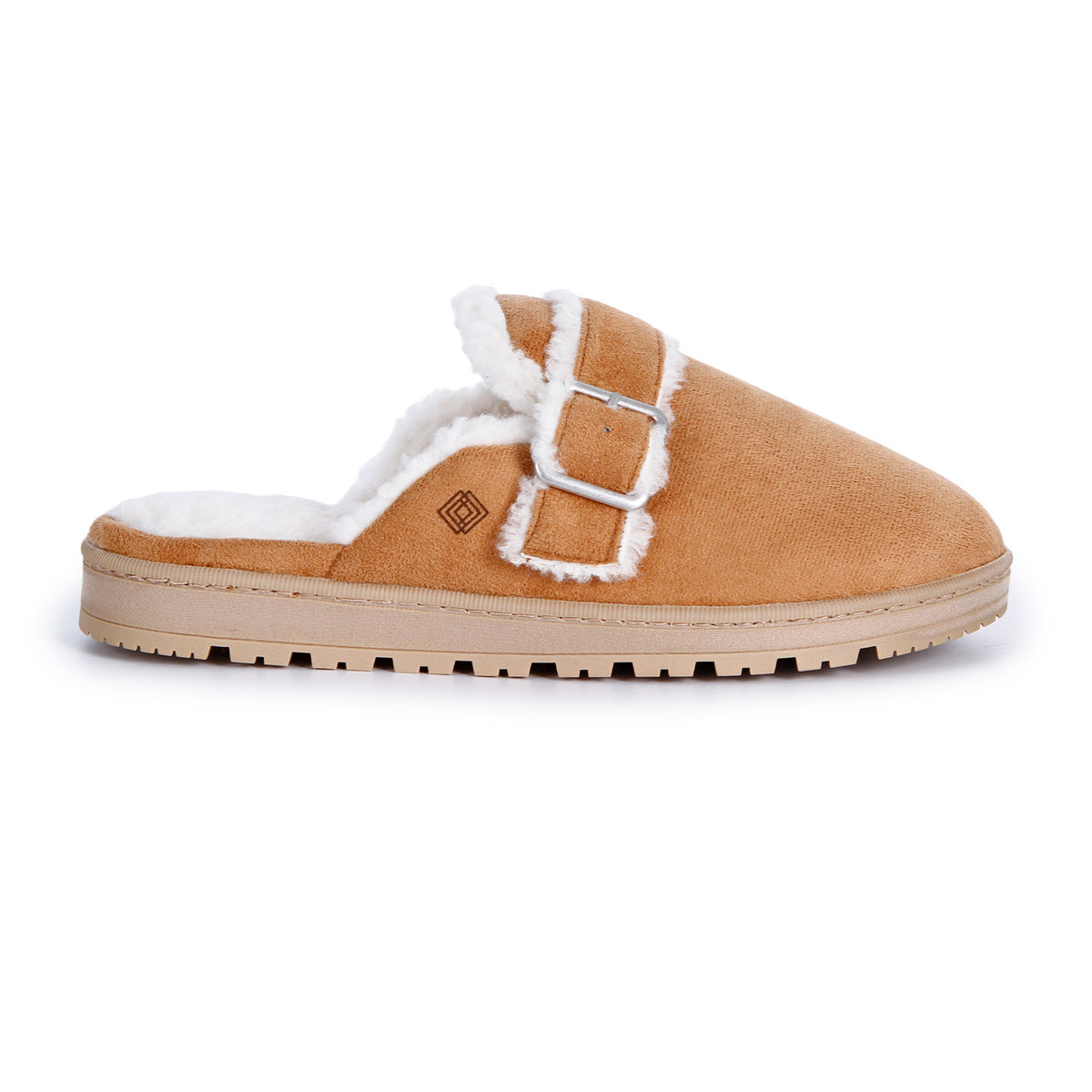 A tan suede clog-style slipper with white shearling lining and a silver buckle strap, shown on a plain white background.

