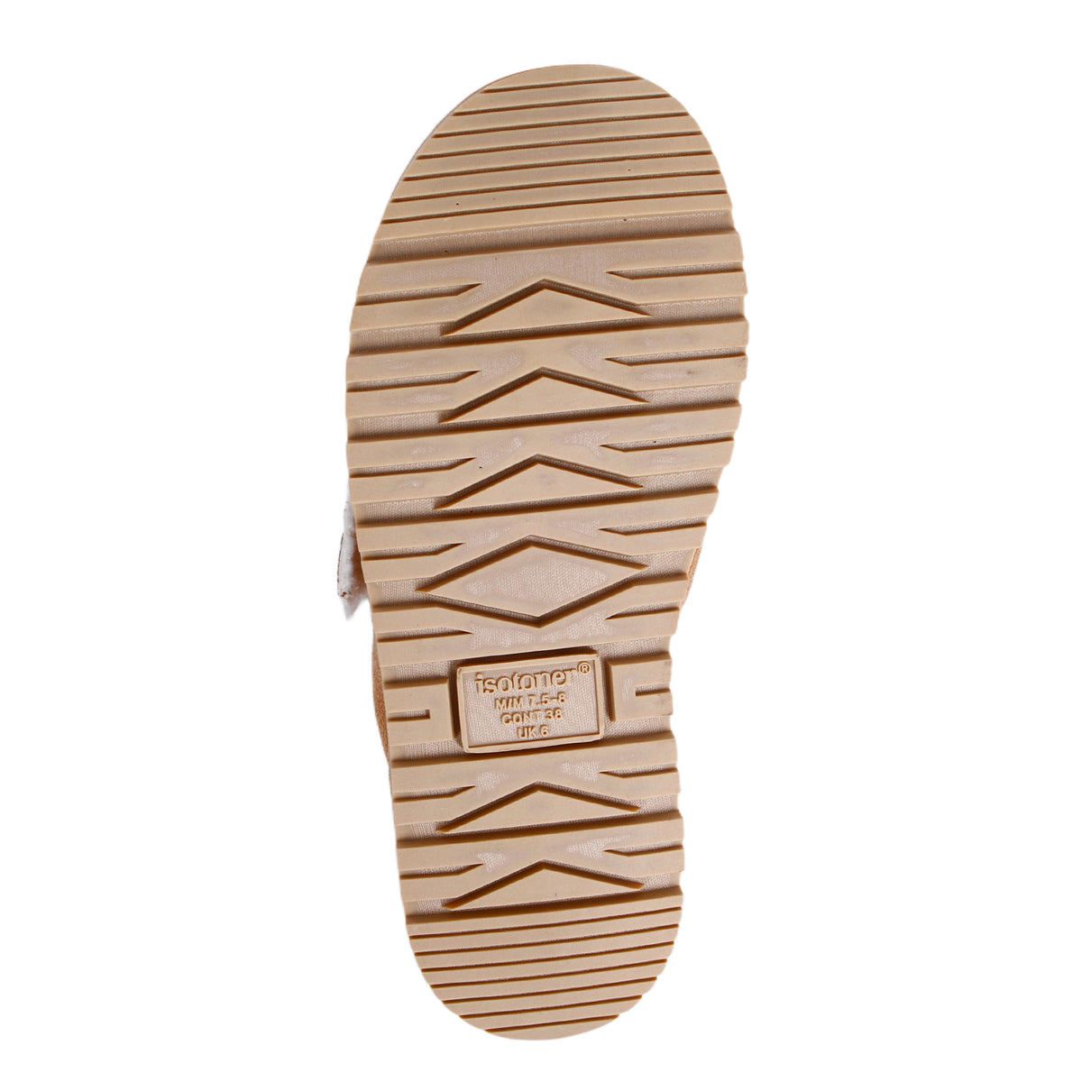 A tan suede clog-style slipper with white shearling lining and a silver buckle strap, shown on a plain white background.

