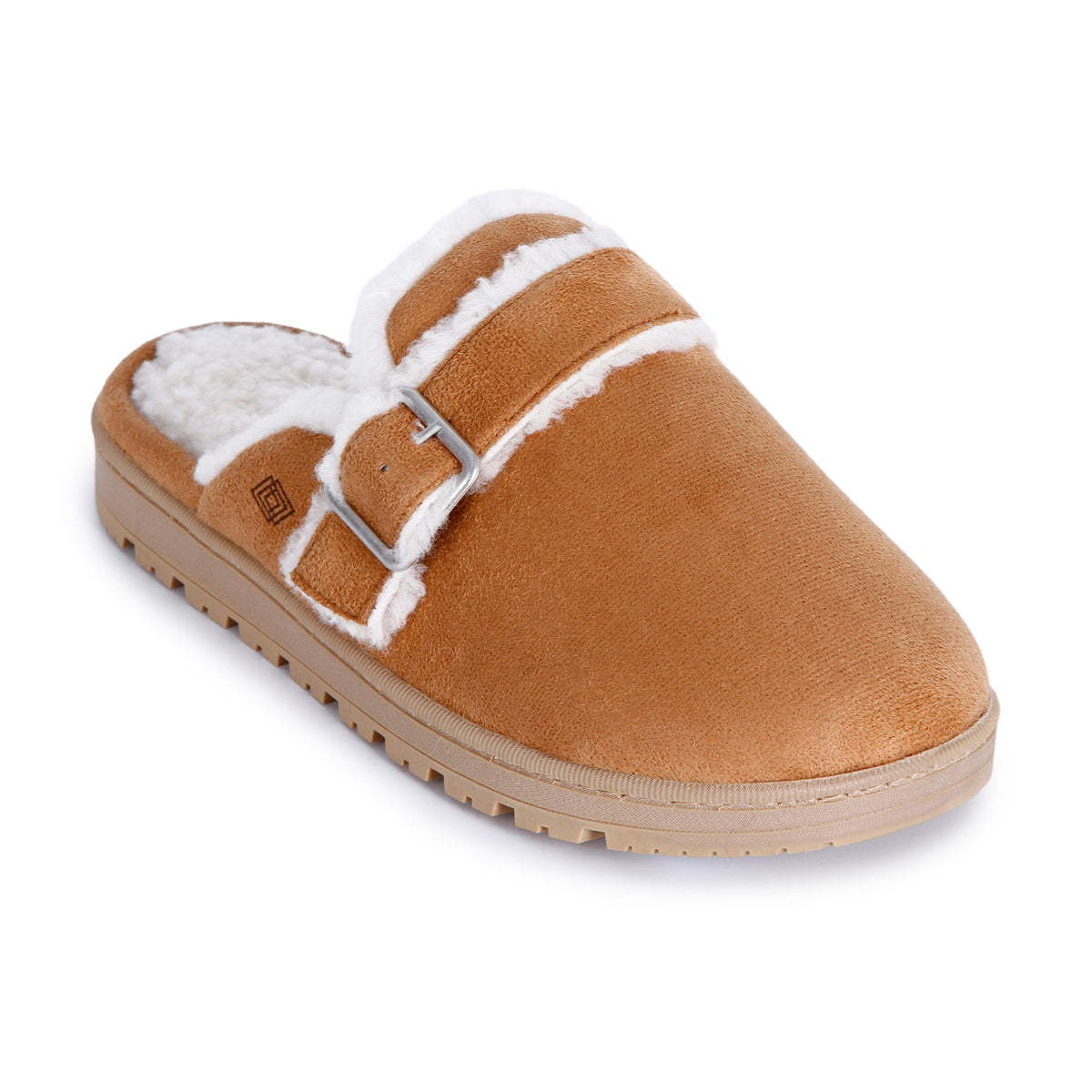 A tan suede clog-style slipper with white shearling lining and a silver buckle strap, shown on a plain white background.

