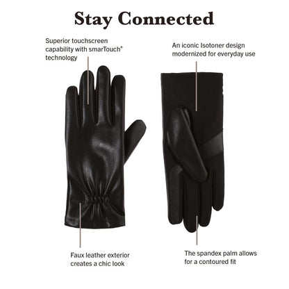 30569 A pair of black faux stretch leather gloves with smartTouch technology. 
