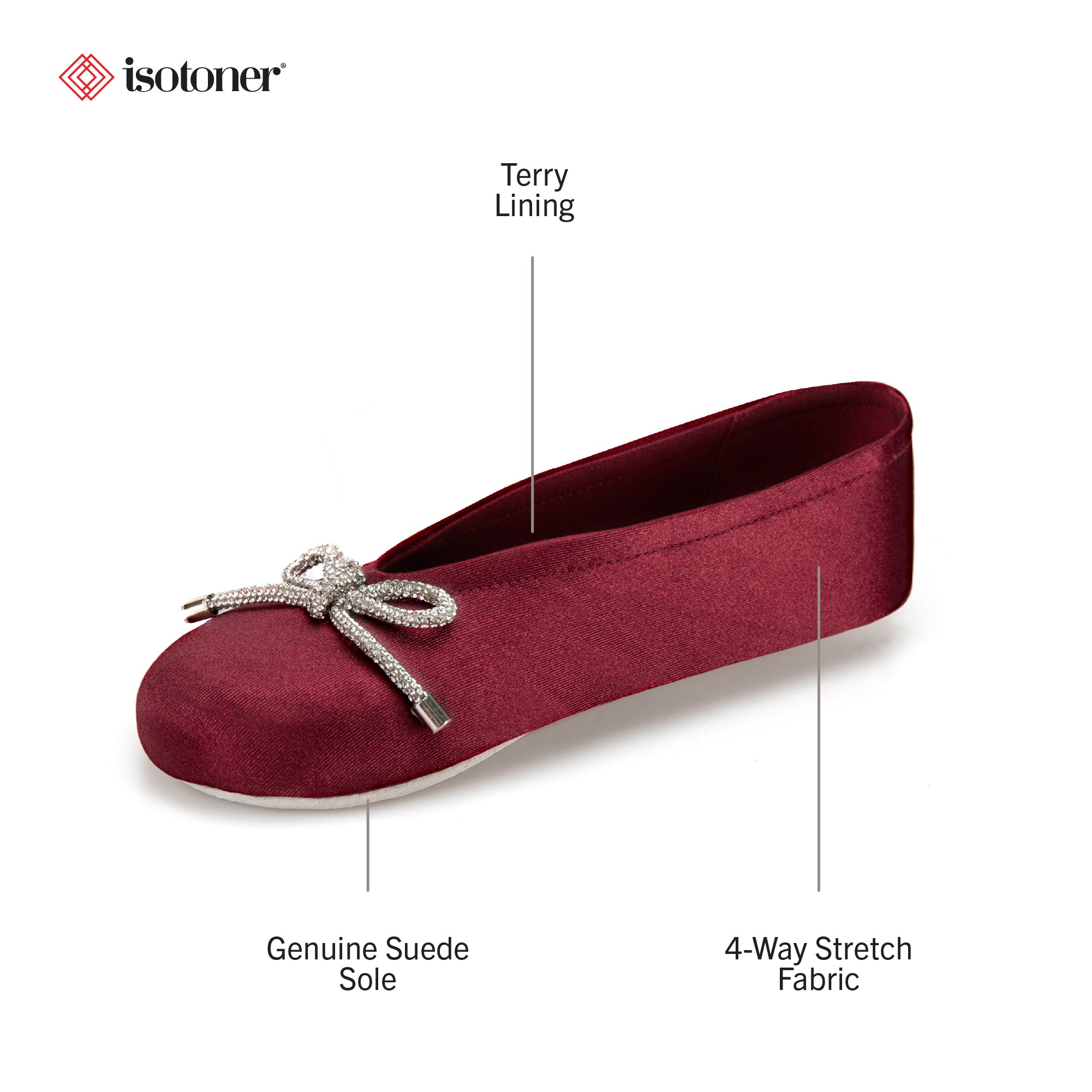 9916 Isotoner satin ballerina with sequin festive holiday bow. 