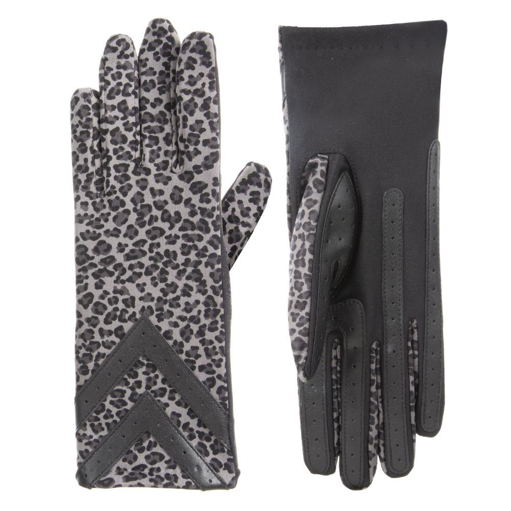 Women’s Heritage Chevron Spandex Gloves pair in Grey Leopard Print side by side