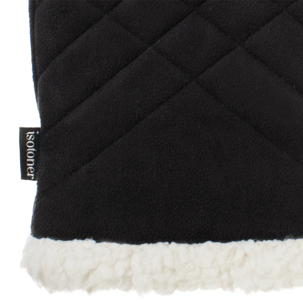 Women’s Recycled Microsuede Quilted Glove Cozy in Black close up on wrist and lining detail