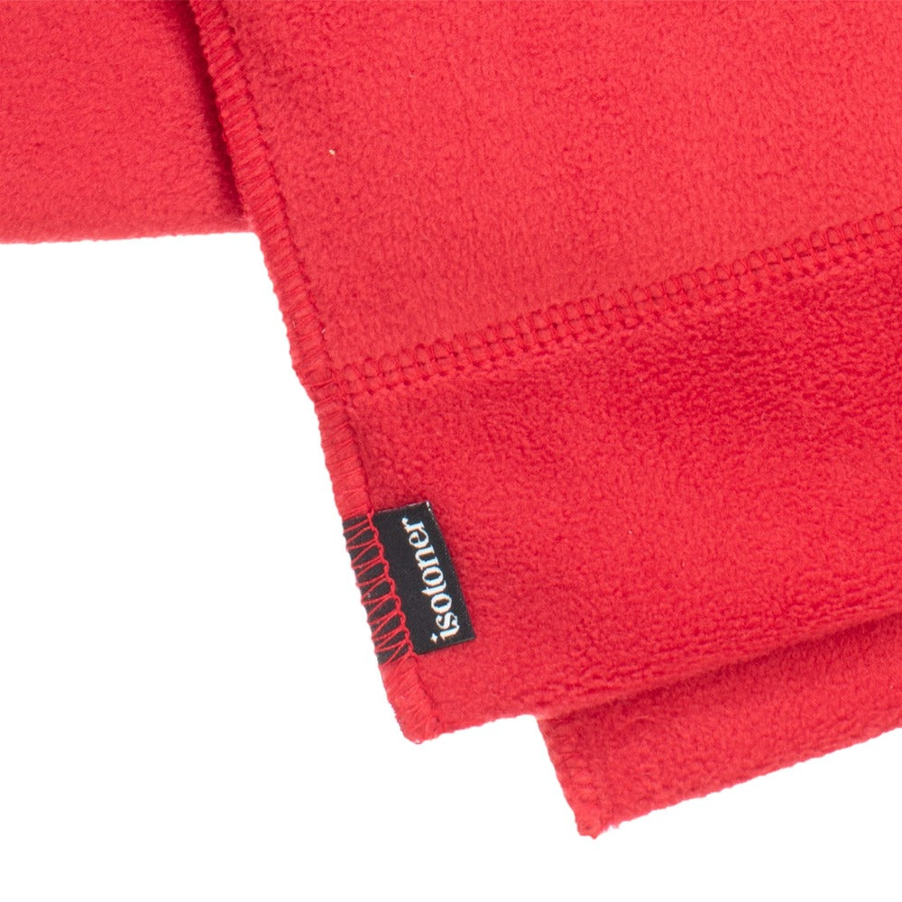 Women’s Stretch Fleece Scarf in Chili Red close up on ends of scarf