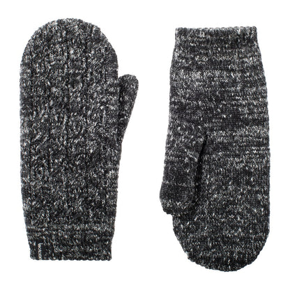 Women’s Recycled Fine Gauge Cable Knit Mittens pair in Black side by side