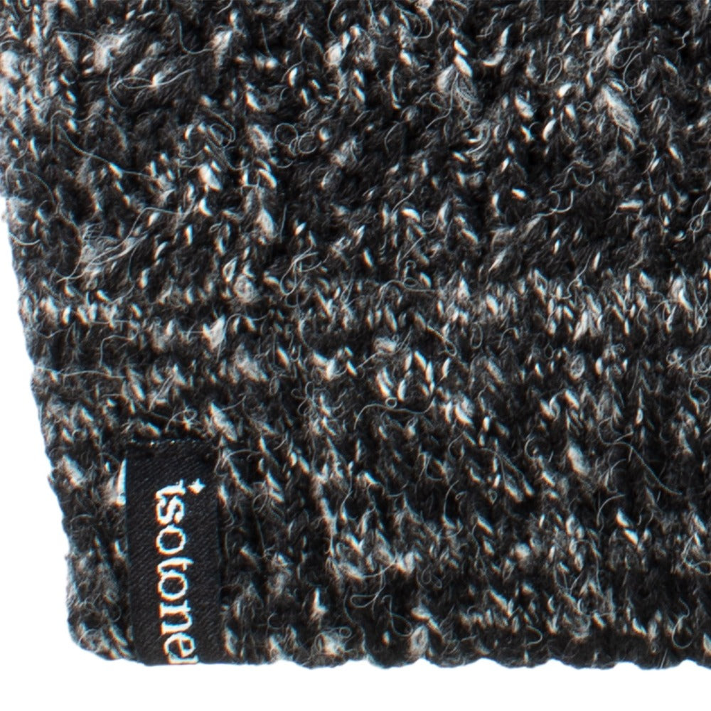 Women’s Recycled Fine Gauge Cable Knit Mittens in Black close up on stripe cuff detail