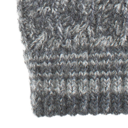 Women’s Recycled Fine Gauge Cable Knit Mittens in Dark Charcoal Heather Grey close up on stripe cuff detail