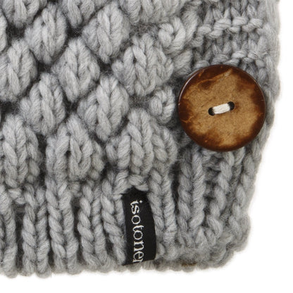 Women’s Chunky Button Hat in Heather Grey close up on button detailing