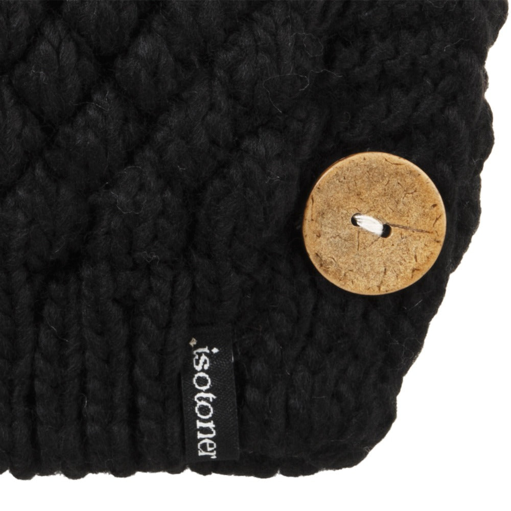 Women’s Chunky Button Hat in Solid Black close up on button detailing