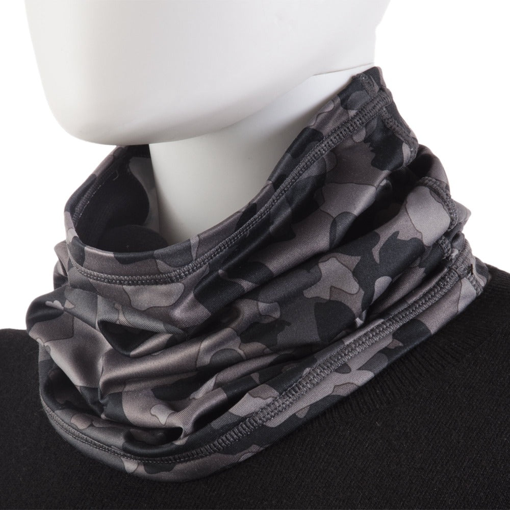 Women’s Lined Antimicrobial Gaiter in Black and Grey Camo on mannequin