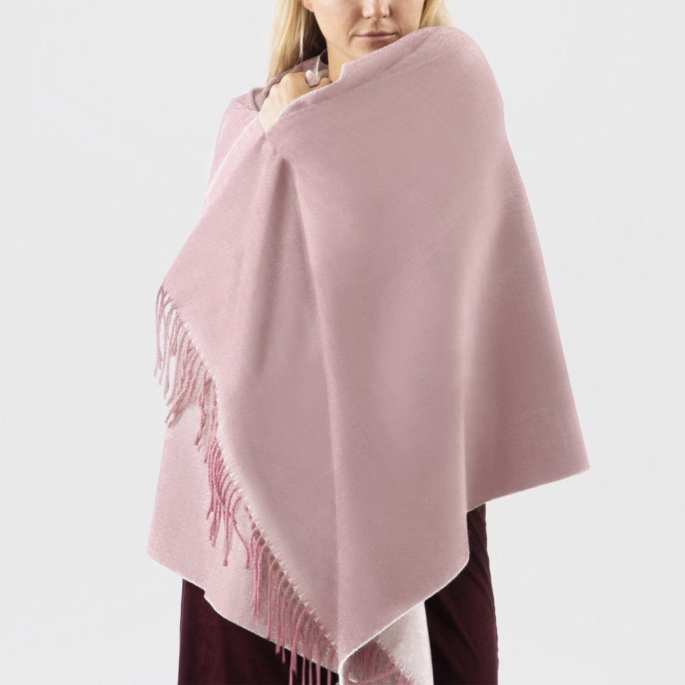 Women’s Recycled Scarf with Fringe in Winter Blossom Pink on model. Wrapped around model&