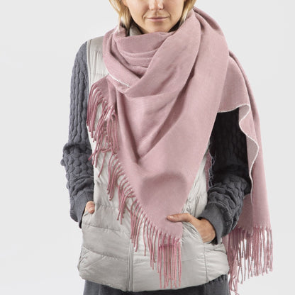Women’s Recycled Scarf with Fringe in Winter Blossom Pink on model. Wearing as a scarf. Front View