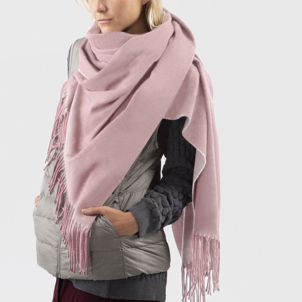 Women’s Recycled Scarf with Fringe in Winter Blossom Pink on model. Wearing as a scarf. Side View